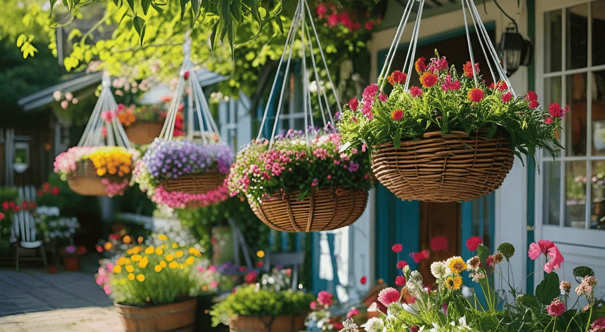 Hanging baskets swinging in the wind